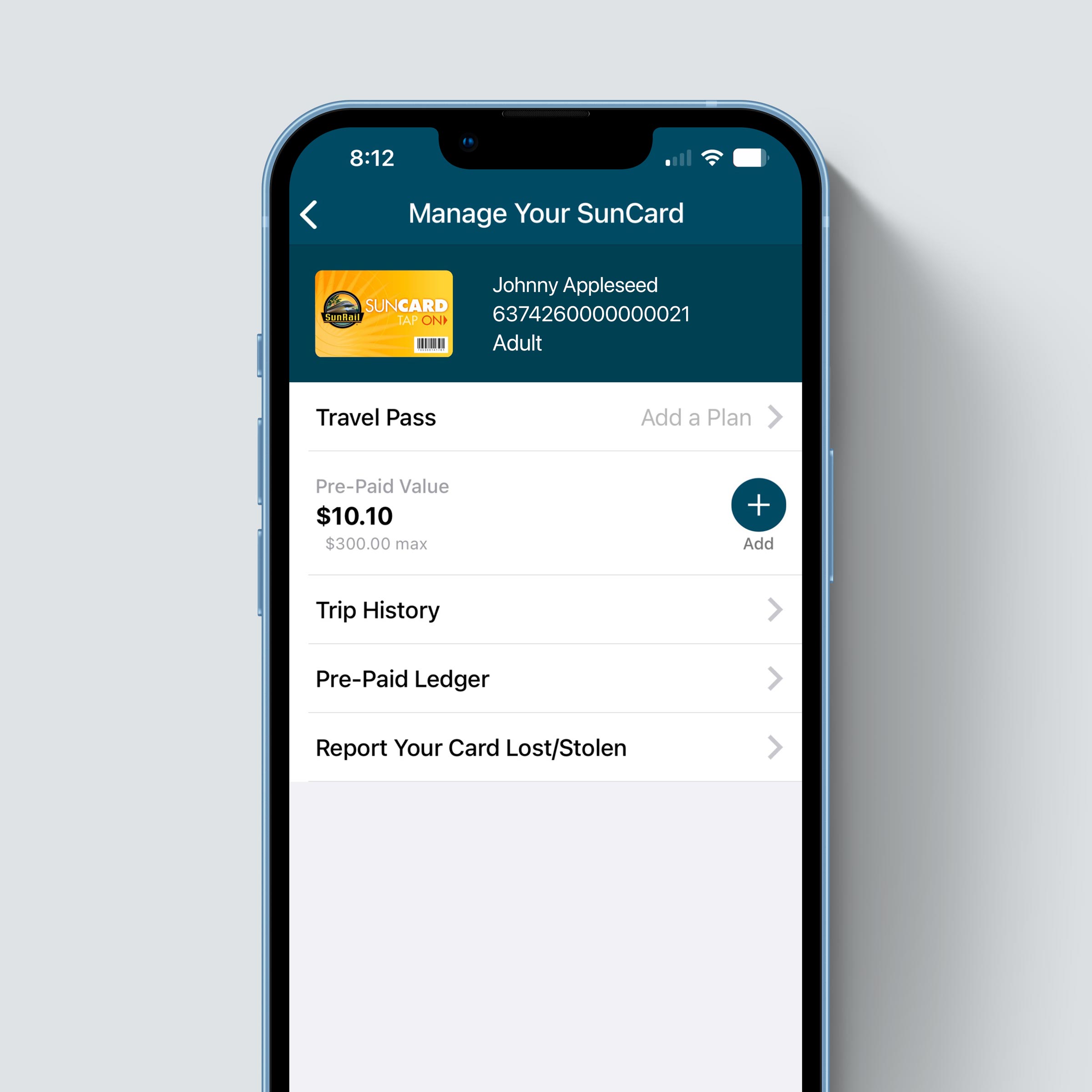 SunRail App - Manage Your SunCard Screen