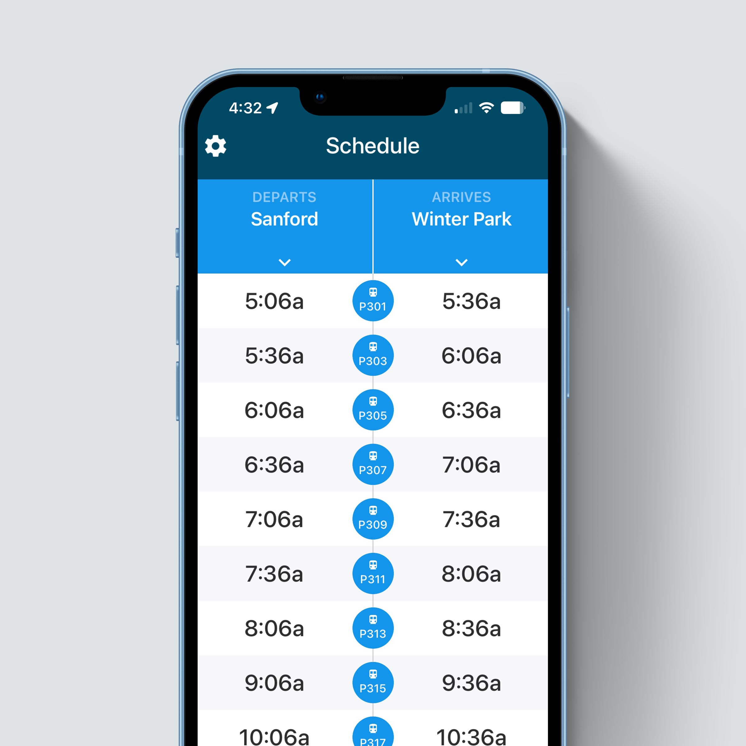 SunRail App - Train Schedule Screen