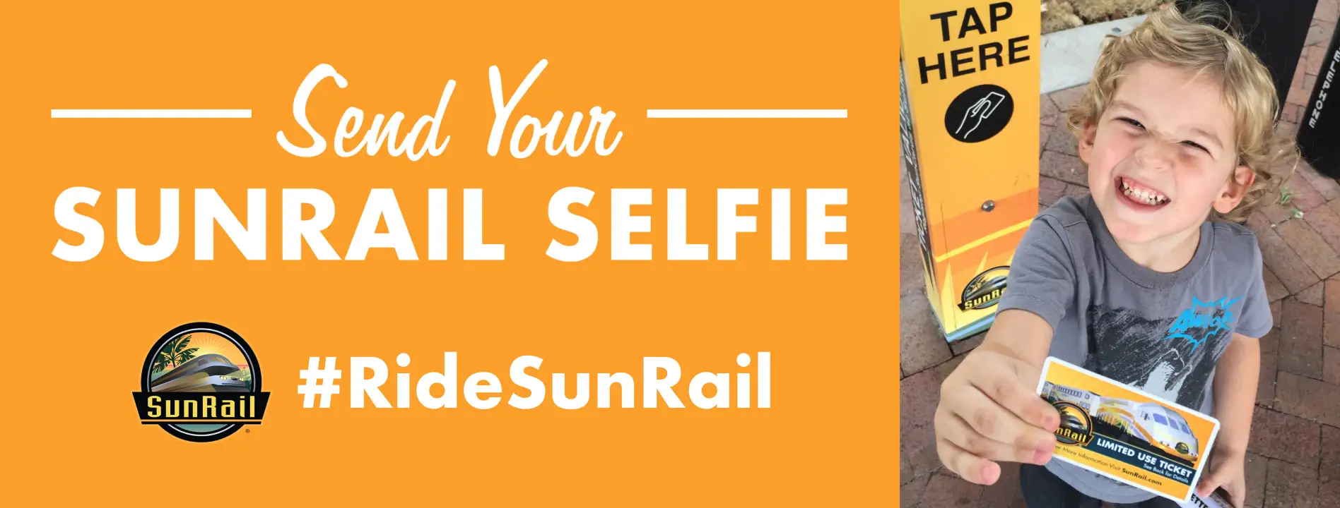 Send Your SunRail Selfie Billboard - Young boy holding a SunRail ticket.
