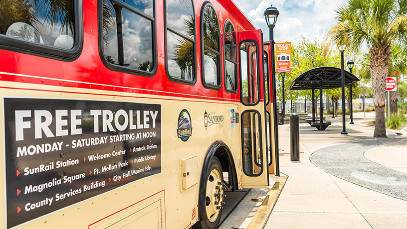 Landing Page image - Sanford Trolley parked at the Sanford Station.