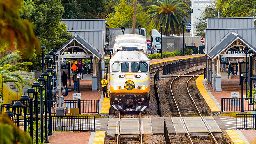 Landing Page image - Aerial image of Winter Park Station and SunRail Train