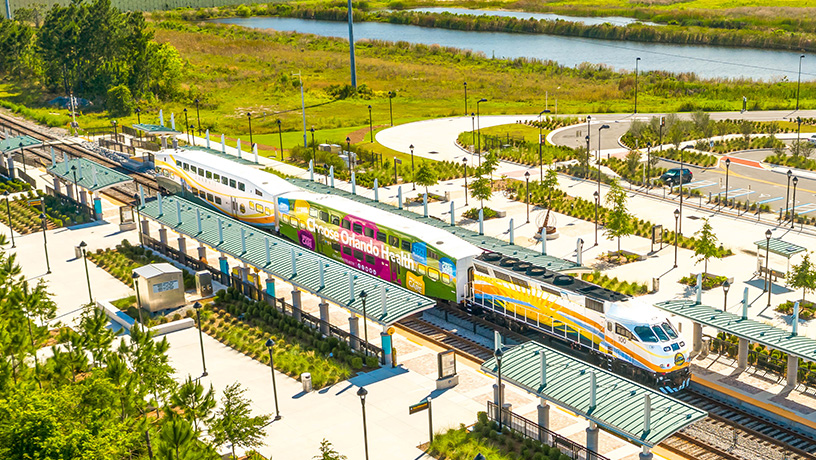 Landing Page image - Aerial image of Tupperware Station and SunRail Train