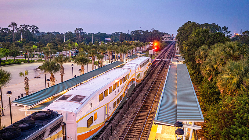 Landing Page image - Aerial image of DeBary Station and SunRail Train