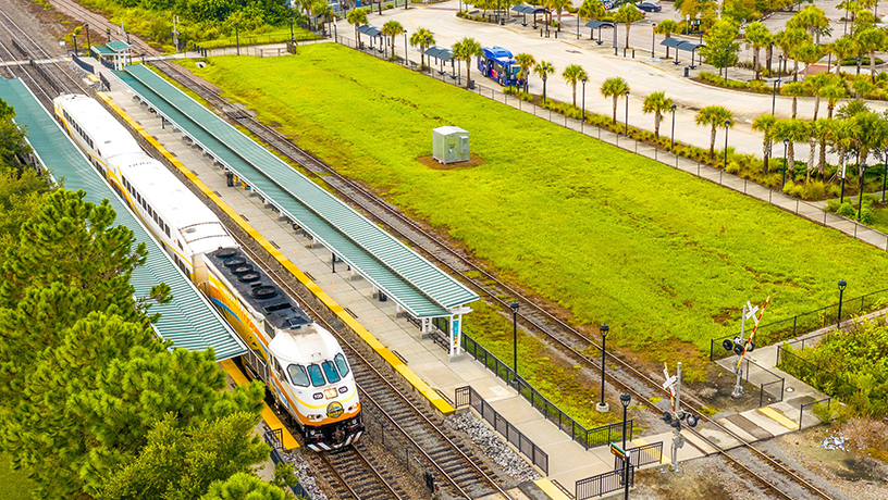 Landing Page image - Aerial image of Sanford Station and SunRail Train