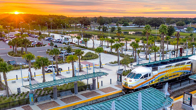 Landing Page image - Aerial image of Meadow Woods Station and SunRail Train