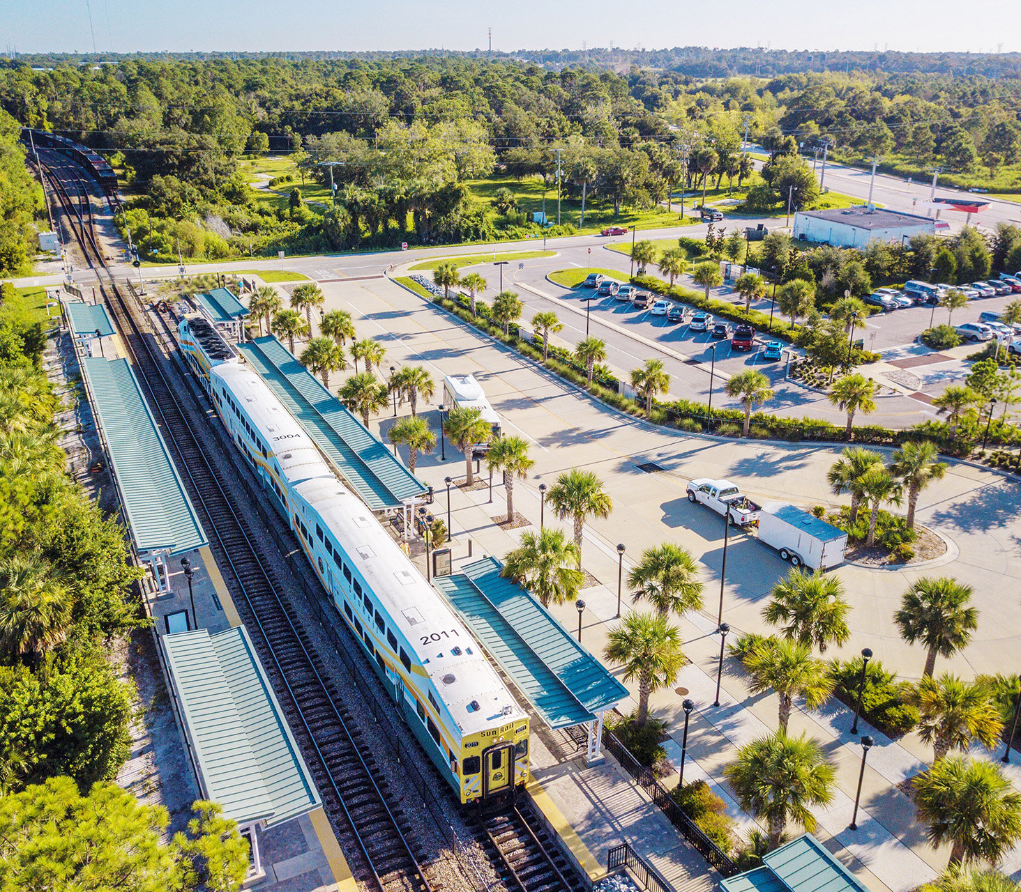 Aerial image of SunRail Train at DeBary Station.