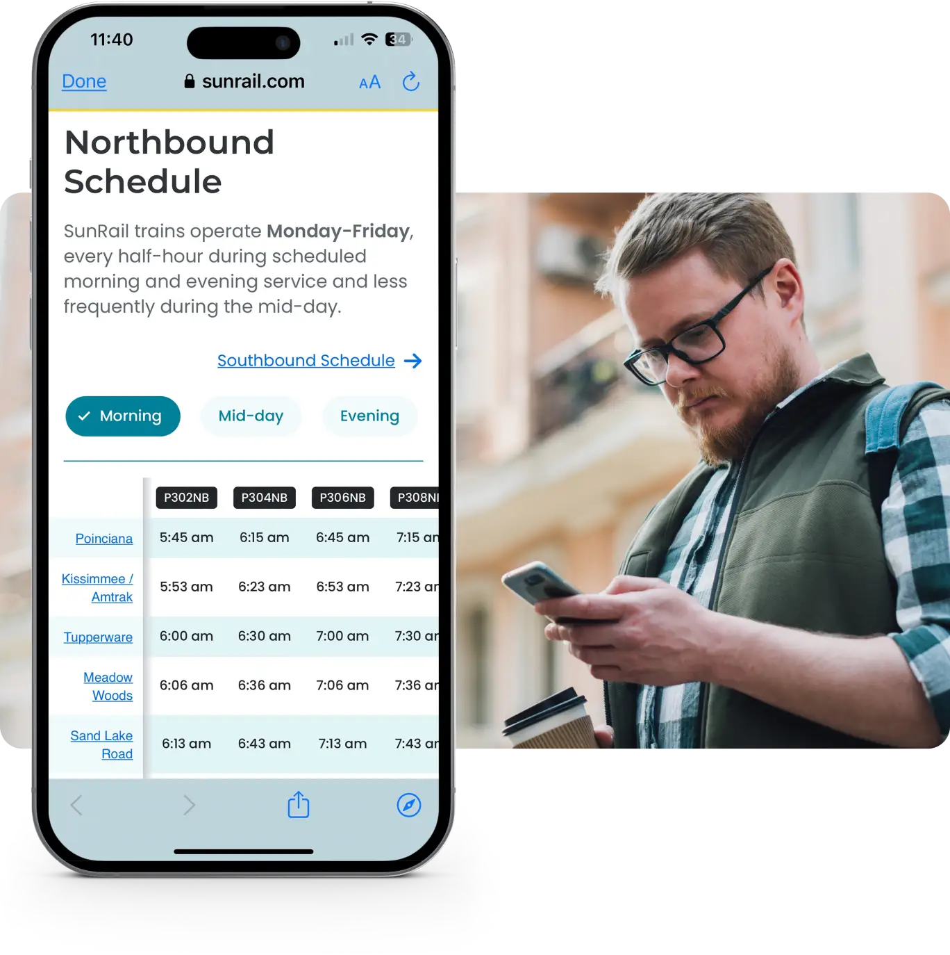 Schedule screen on top of man looking at smart phone.