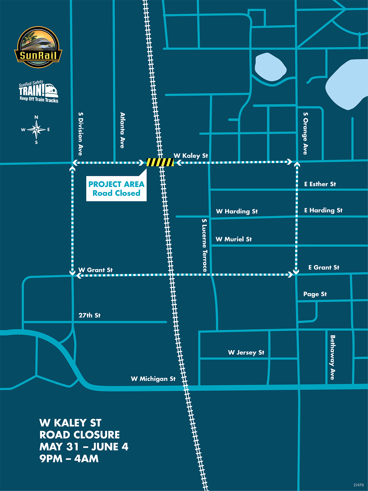W. Kaley Street Closure for Railroad Crossing Work Map