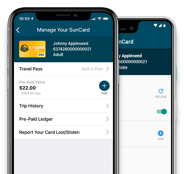 SunRail SunCard Manager on iPhone and Google Pixel.