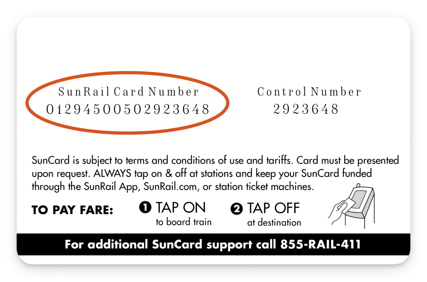Back of SunCard indicating the SunRail Card Number