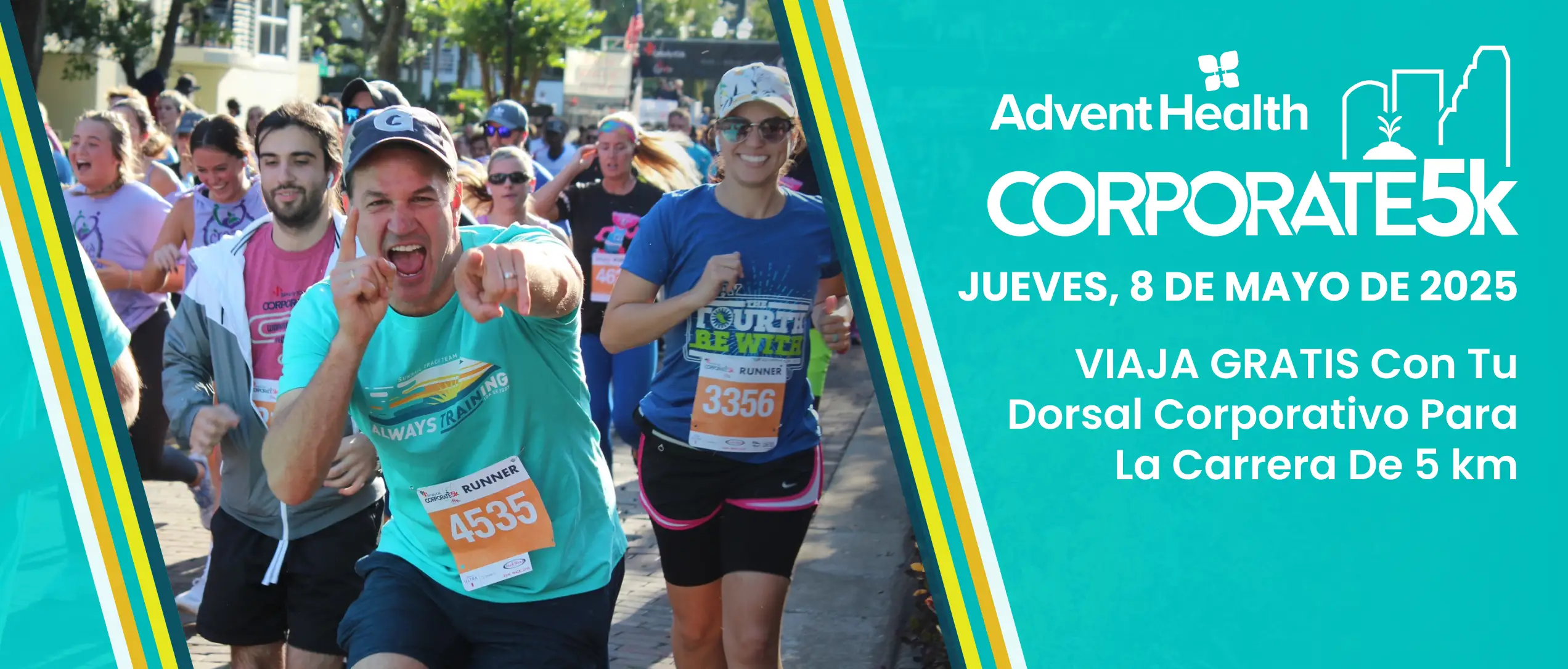 AdventHealth Corporate 5k - Thursday, May 8, 2025. RIDE FREE with your Corporate 5k Bib Number.