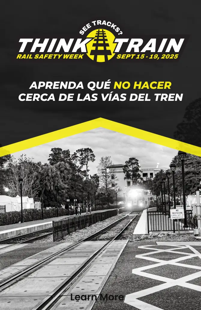 See Tracks? Think Train! Rail Safety Week, Sept 15-19, 2025. Learn What Not To Do Around Tracks.