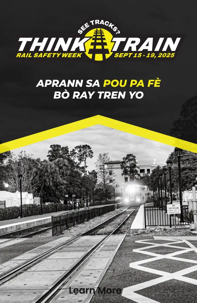See Tracks? Think Train! Rail Safety Week, Sept 15-19, 2025. Learn What Not To Do Around Tracks.
