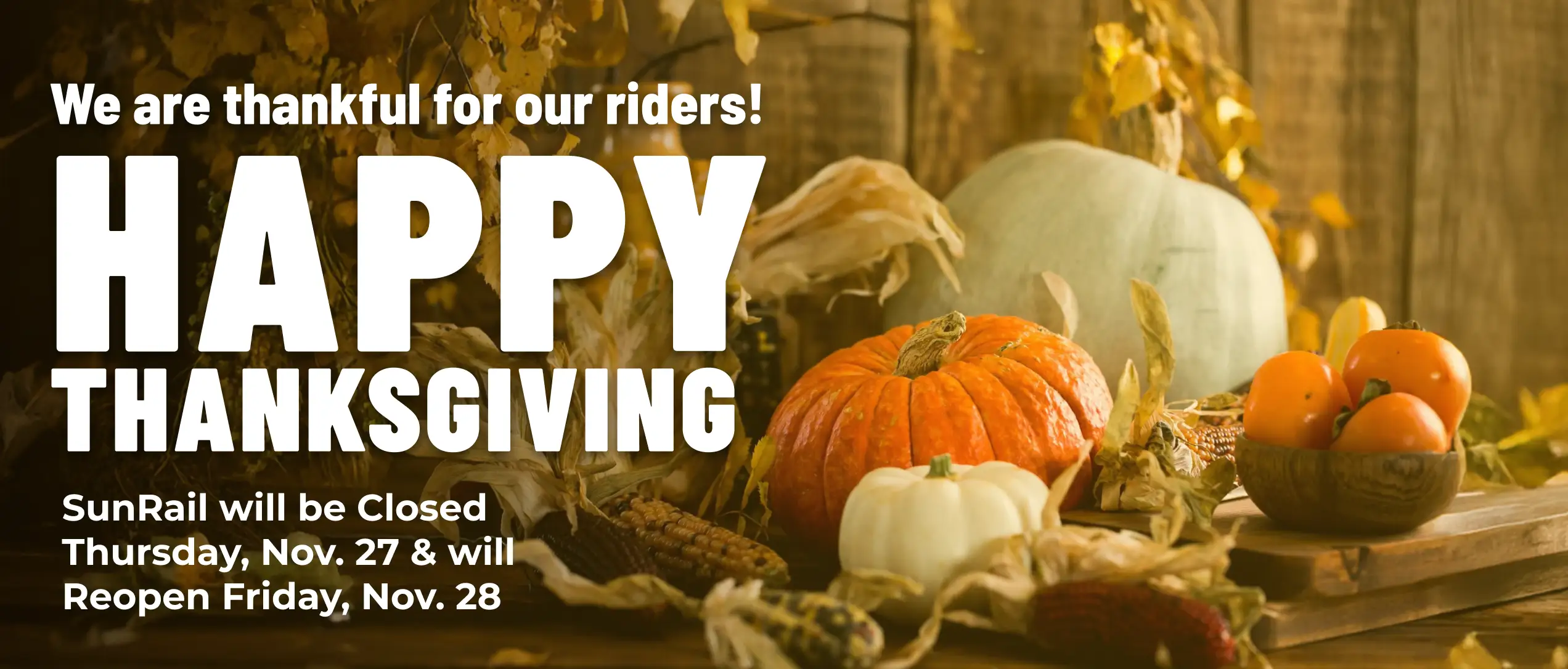 We are thankful for our riders! Happy Thanksgiving. SunRail will be Closed Thursday, Nov. 27 & will Reopen Friday, Nov. 28