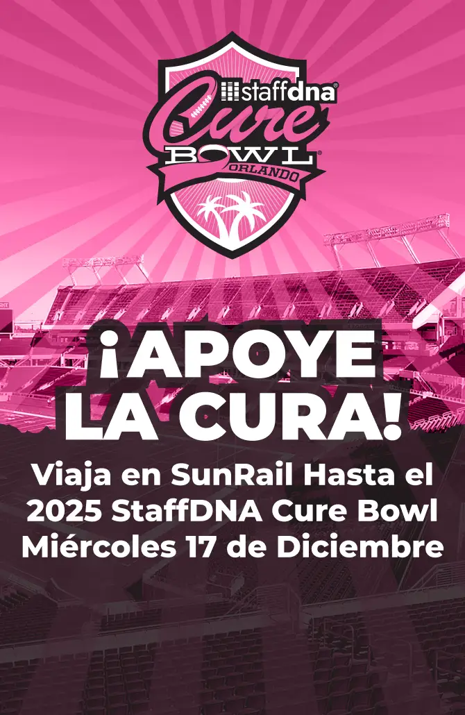 Support The Cure! Ride SunRail to the 2025 StaffDNA Cure Bowl, Wwednesday, December 17.