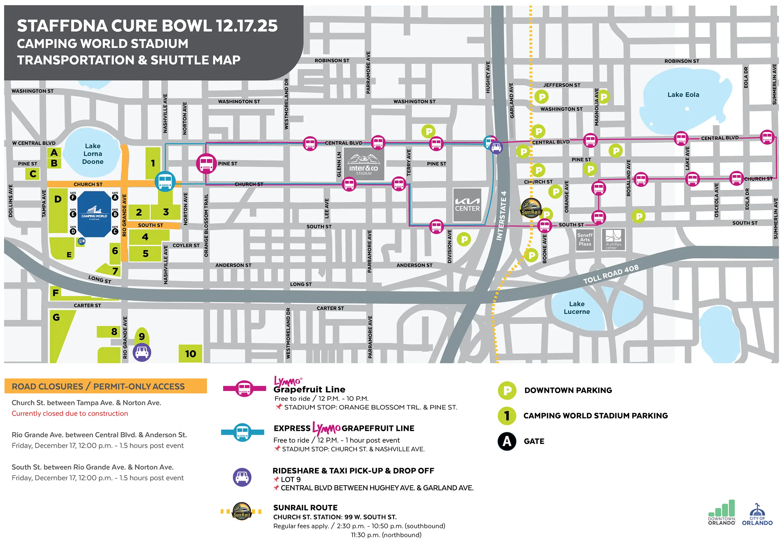 SunRail Church Street Station to Camping World Stadium map StaffDNA Cure Bowl 12.17.25, Camping World Stadium Transportation & Shuttle Map