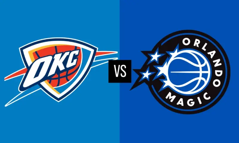 Orlando Magic and Oklahoma City Thunder team logos facing each other to promote an upcoming NBA game.