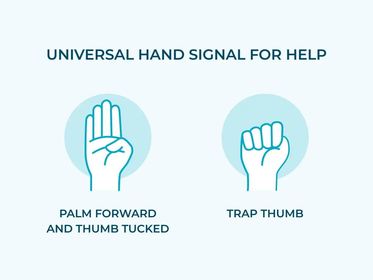 Universal Hand Signal For Help 1. Palm forward and thumb tucked 2. Trap Thumb
