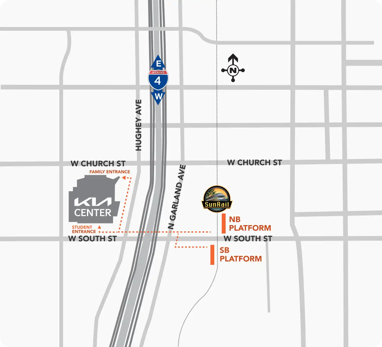 Map showing SunRail station near Kia Center with northbound and southbound platforms and nearby streets
