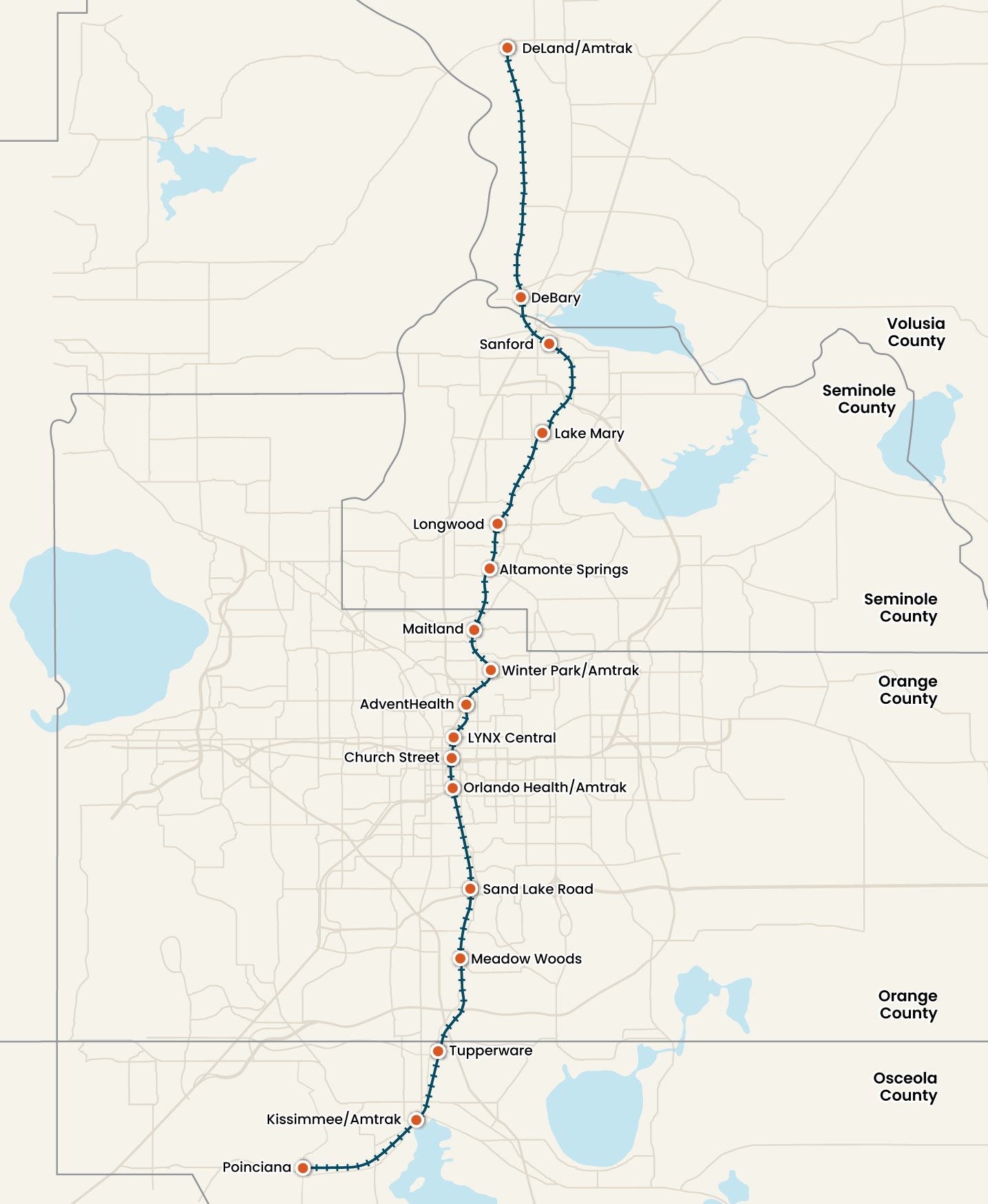 SunRail station map showing counties.